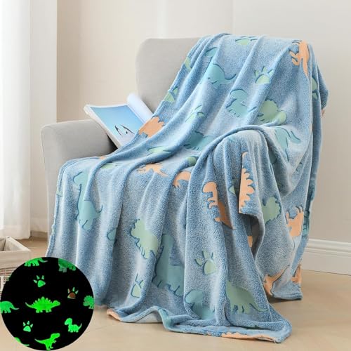 OBIXO Radium Blanket Magic Glowing at Night in The Dark Blanket All Season Kids Blanket Flannel Plush Luminous Throw Blanket (Baby Double bed-6x6-feet) (Blue Dino)