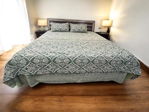 Printed Cotton Double Bed Dohar, Green and White Pattern