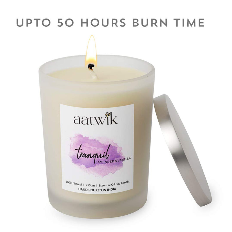 Aatwik Tranquil Aroma Soy Wax Candle Lavender and Vanilla Essential Oils | Home Decoration|Birthday | Indoor| Outdoor | 255gm