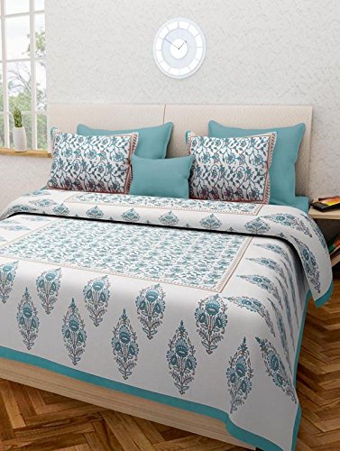 Jaipuri Style Cotton Sanganeri King Size Bedsheet with Set of 2 Pillow Cover - (90"x108" Inch) (230 X 275 CM)