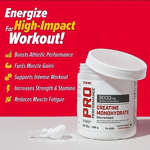 GNC Pro Performance Pure Micronized Creatine Monohydrate | 100 gm | 33 Serving | Instantized | Fuels Muscles | Increase Muscle Mass | Rapid Absorption | Lab Tested | Unflavoured | Boosts Athletic Performance | Imported