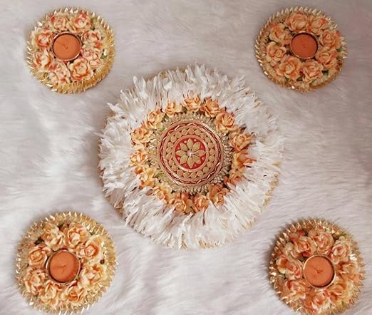 Nutts Handmade Rangoli with Tealights Holder | Artificial Flower to Makes Design The Rangoli Patterns |Perfect for Pooja Festival | Ideal for Diwali Festival | Decorate for Home (Design 8 (Red))