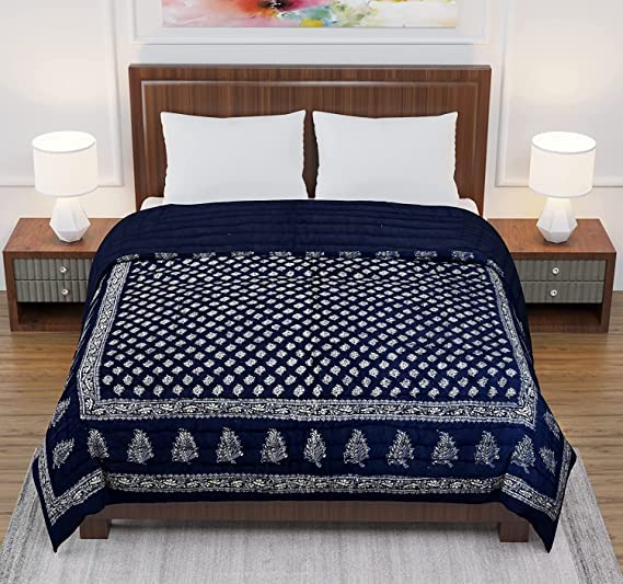 SK STORE 240 TC Single Bed Organic Cotton Jaipuri Razai Bed Blanket Ac Quilt for Winter Soft Lightweight Rajasthani Traditional Rajai Cotton Comforter,55 x 85 inch (Blue Dai Gold, Set of 2)