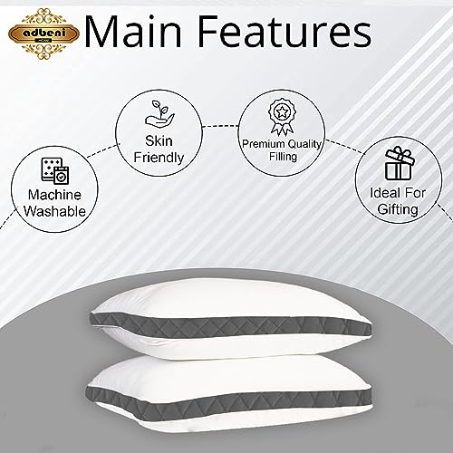 ADBENI HOME Gusseted Quilted Bed Pillow for Sleeping, Soft Touch Comfortable Feather Down Chamber, 17x27 Inch King U.S. Standard, White-Grey (Set of 2)