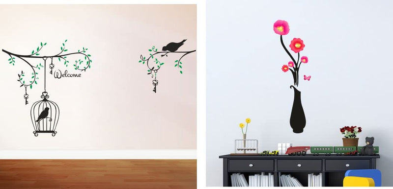 Delight Art Tree-Birds-Hanging Cage-Pot Flower Design Wall Sticker Size - ( 95*58 ) cm Model id - ( DAMC00811L )