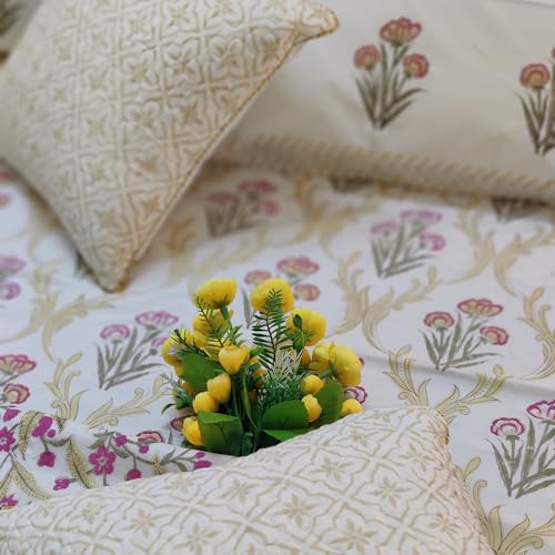 House of Harman I 350 TC 100% Pure Organic Cotton Bedsheet with 2 Matching Pillow Covers I Hand Block Printed I Natural Vegetable Dyes (Golden Dreams Bedsheet) (King- 90 * 108 inches)