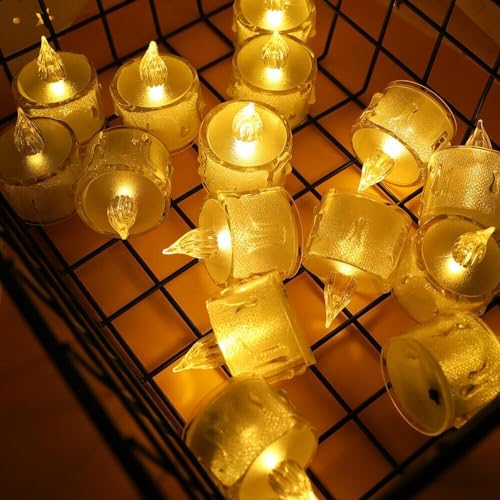 SWADEC 24 Pcs Flameless and Smokeless Decorative Crystal Candles Transparent Acrylic Led Tea Light Candle for Christmas Decoration (24 Pieces, Yellow, 5 cm)