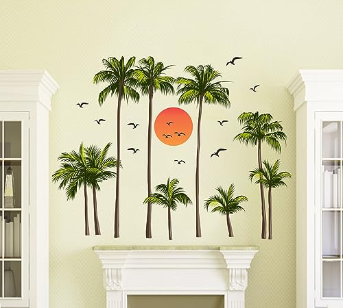 MERICAL Set of 2 Wall Stickers Sunset swan Love | Coconut Trees with Sun for Home, Hall, Bedroom, Livingroom & Kitchen