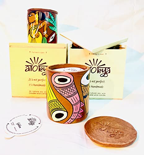 Alokya - Pack of 2 - Double Wick Scented Candle in Terracotta Jar with Pattachitra Folk Art (Aranya/Aranya)