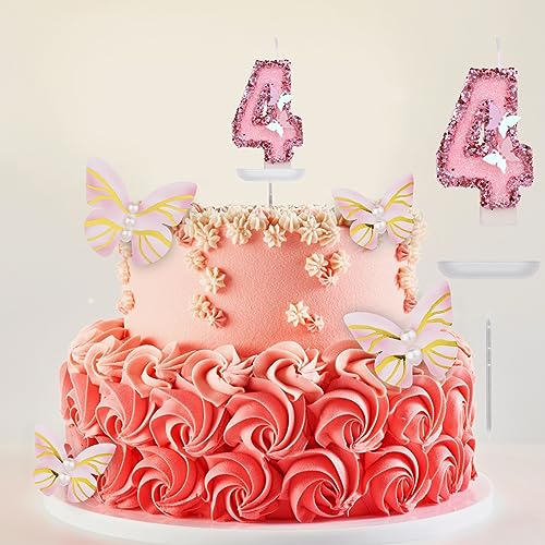 Birthday Number Candles, 2.95 Inch Glitter Number Candles with Butterfly Plugin Pink Number Candles with Sequins Party Candles for Birthday Anniversary (Number 4)