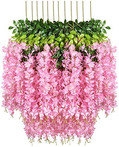 WELL ART GALLERY 6 Pack 3.75 Feet/Piece Artificial Fake Wisteria Vine Ratta Hanging Garland Silk Flowers String Home Party Wedding Decor (6PCS- Large Wisteria) (Pink, 12)