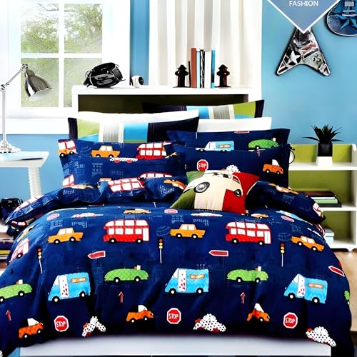 Gleeson Elastic Bedsheets for King Size Bed,Kids Fitted Bedsheets for Double Bed,Bus Print Bed Sheet for Girls|Boys Room,Cotton Feel Bedsheet King Size Bed(72x78x8 Inch)