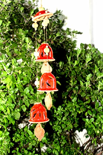 SULFAX Present A Terracotta Ceramic Coated Red Wind Chimes with (Three Bells) of Cap Design Handmade Craft with Melodious Sound Bells.( Size :- 36 cm Long )