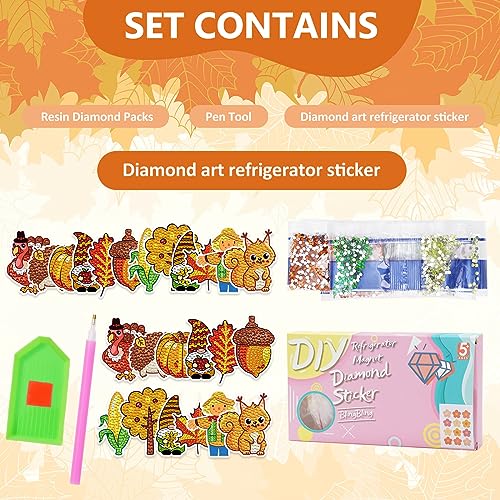 Whaline 12Pcs Fall Diamond Painting Magnets Set Pumpkin Maple Leaves Turkey Gnome Fridge Magnet Diamond Painting Kits for Autumn Holiday Thanksgiving Home Office School Kitchen Locker Decor