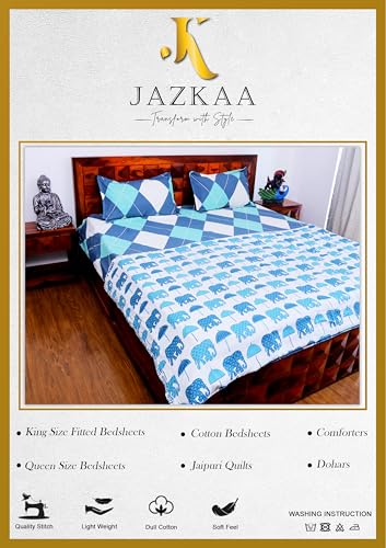 Jazkaa Mix & Match Glace Cotton Elastic Fitted Printed King Size Double Bed Bedsheet (180×200+30cm) with 2 Pillow Covers (46x69cm)