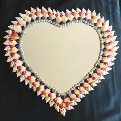 ZENRISE Decorative designer seashell handicraft heart shape framed wall mirror, 33 cm