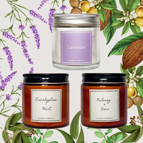 Better co Scented Soy Wax Amber Jar Candle Organic Luxury Aroma Burning Time Upto 20 Hours. Combo Pack of 3. Nutmeg + Coco Eucalyptus + Mint and Lavender