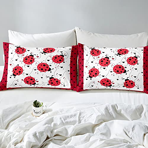 Red Ladybug Sheet Set Twin Size Cartoon Ladybugs Bed Sheets for Kids Child,Cute Ladybird Reptile Fitted Sheet Beetles Bugs Pattern Top Sheet Chic Nature Art Lady Beetle Wild Animal Room Decor