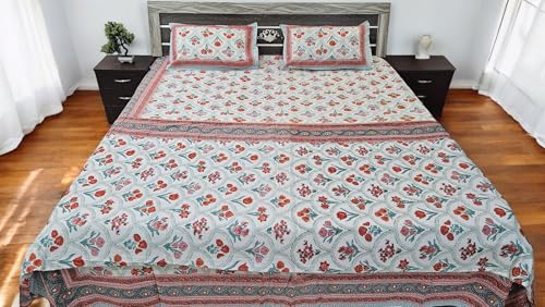 Cotton Double Bed Dohar with Floral Print, Red and Green