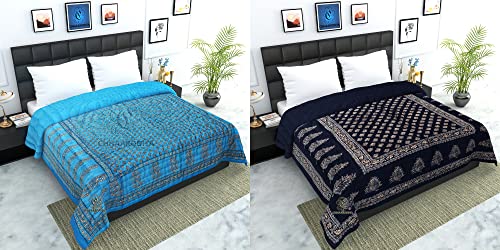 LILFLY Organic Cotton Jaipuri Razai Bed Blanket Ac Quilt for Winter and Summer Soft Light Weight Rajasthani Traditional Rajai Cotton Comforter, Single Bed Quilt, Pack of 2. (M-07)