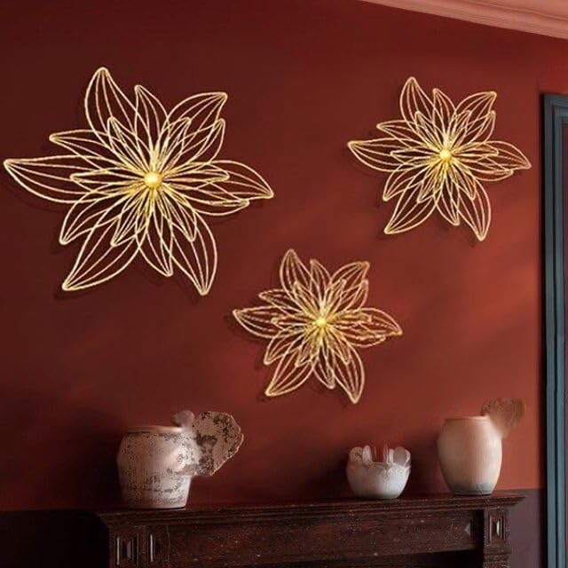 ZOVE Metal Set of 3 Pieces Golden Flowers Wall Art Hanging Perfect For Home, Hotel, Restaurant, Living Room Decoration (24 x 24 Inch)(Golden)