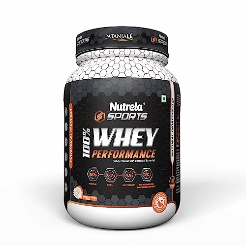 NUTRELA Sports Patanjali Premium 100% Whey Performance Protein Powder | 80% Protein, 6.7g BCAA, 4.9g Glutamine | 1kg – Vanilla Ice Cream Flavour