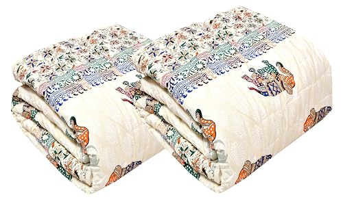 PINAARAS INTERIOR 400 Tc Pure Cotton Traditional Jaipuri Animals Design Printed Light Weight Single Bed Quilt/Razai/Rajai (Animal Print, Set of 2 Elephant)