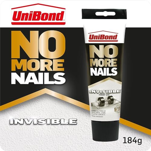 UniBond No More Nails Invisible, Heavy-Duty Clear Glue for Instant DIY mounting & repair jobs, Strong Glue for Wood, Ceramic, Metal, Concrete, Plaster, Brick etc, Interior use, no gun needed, 184g