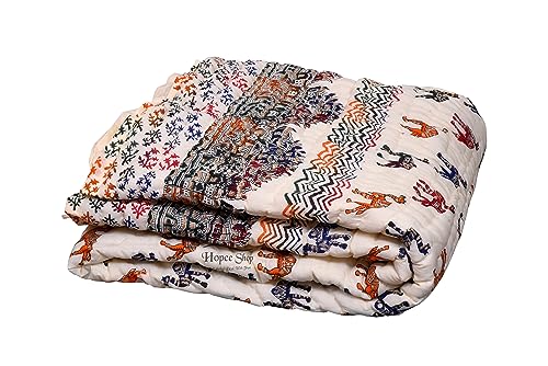 LOARSHY Hand Block Gold Printed Jaipuri Razai Lightweight and Warm Soft Blanket Camal with Hawamahal - Cream (90X108)