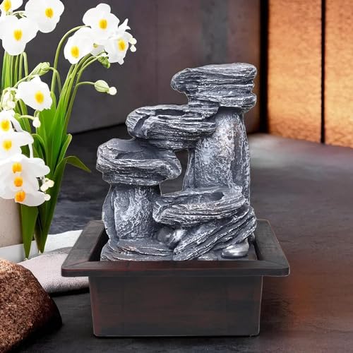 VIVARS Tabletop Water Fountain, Environmental Resin Meditation Fountain, Desktop 4-Tier Fountain, Indoor Waterfall Feature with Light for Home Office Decor Relaxation (Waterfall-1) Grey