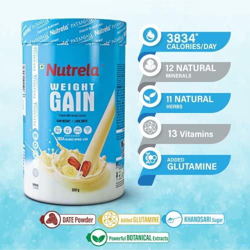 Nutrela Weight Gainer - 500g | 20g Protein, 66.8 Carbs, 13 Vitamins & 12 Minerals with Khandsari Sugar | Ideal for Athlete, Men, Women & Kids above 10 Year - Banana Flavour