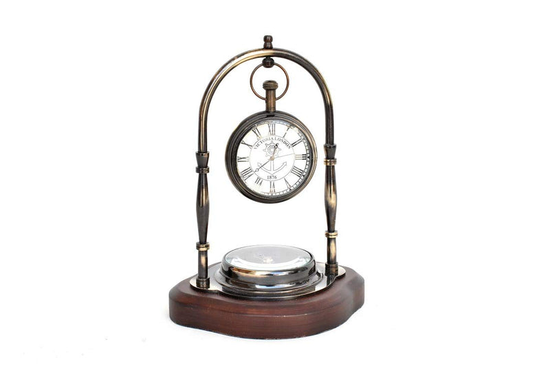 Brass Antique Desk Clock with Compass Working with Wooden Base Home Decor