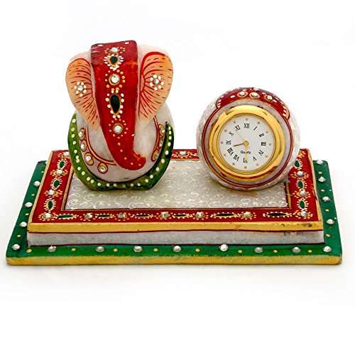 RM Marble Clock with Ganesha Idol for Desk Shelve Decoration Rameshwaram Marble®