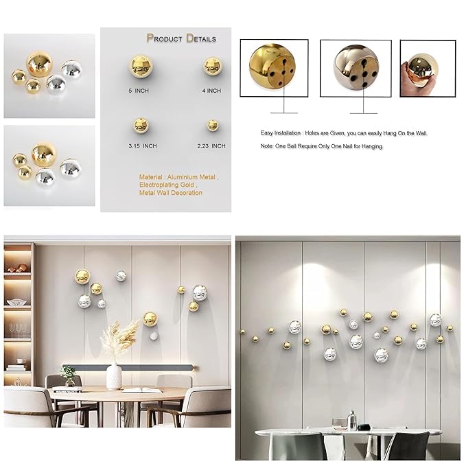 ZasaDecor Metal Wall Decor Set of 10 Luxury Ball Design Perfect for Living Room/Hotel/Restaurant/Bedroom/Drawing Room (Electroplating Gold And Silver)