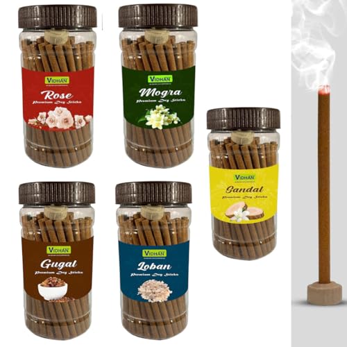 Dhoop Sticks Vidhan Premium Jar 5x100Gm | No Bamboo | No Charcoal | Dhoop Stick | Dhup | Pooja Dhoop Sticks (5 Flavours) Pack of 5 Jar Rose, MOGRA, Sandal, GUGGAL, LOBAN