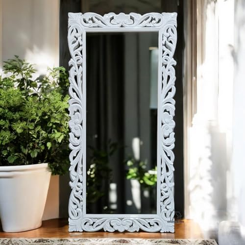 aesthetic decor Wooden Carved Wall Mirror Frame Solid Wood, | with Out Mirror | Crown Pattern ((5x2.5) White Deco