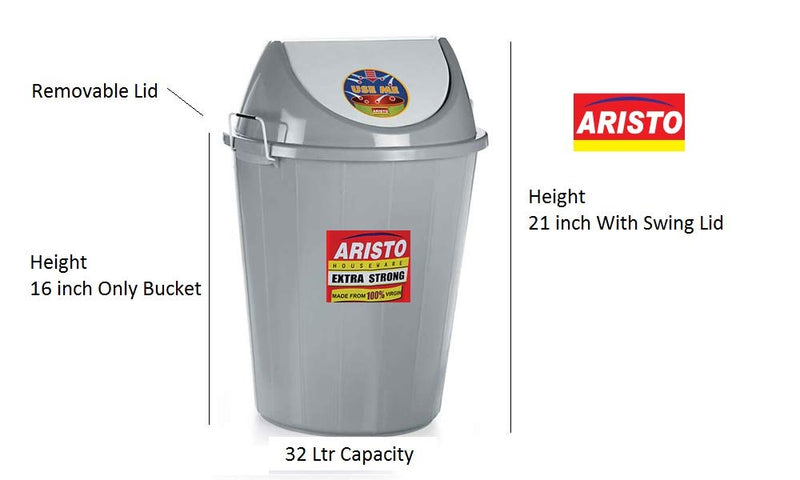 ARISTO Plastic Swing Lid Garbage Waste Dustbin 32 Ltr (Grey), (38(D) X 53.6 Cm)