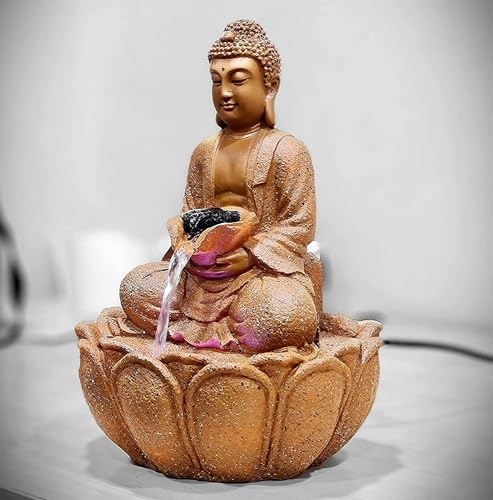 ABHISHAR CREATIONS Presents Buddha on Lotus Water Fountain with LED Light, for Living Room, Bedroom, Kitchen, Office, Home Decor