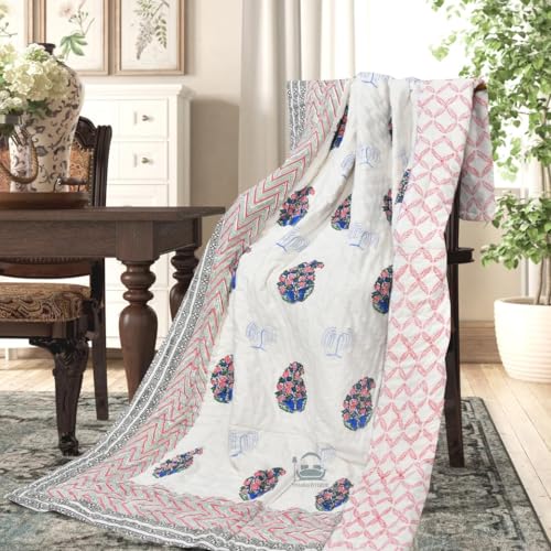 AARMOZY Cotton Jaipuri Razai Single Bed Hand Block Floral Buta Bail Print Quilt Blanket - Blue/Pink (Single Bed D) (60X90INCHES)