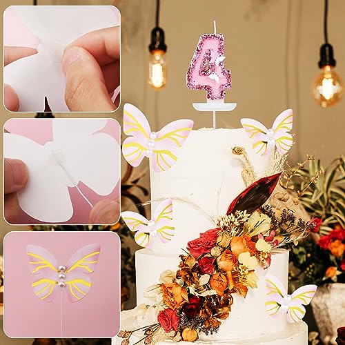 Birthday Number Candles, 2.95 Inch Glitter Number Candles with Butterfly Plugin Pink Number Candles with Sequins Party Candles for Birthday Anniversary (Number 4)