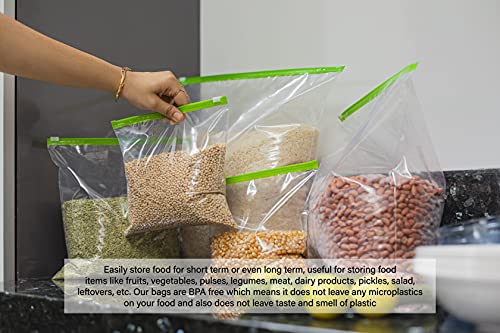 GREEN ZIPPER Seal Freezer Food Storage Bags 15 Bags in 1 Box Microwave Safe, Re-usable, Washable, Transparent & BPA Free (SMALL)(Plastic)