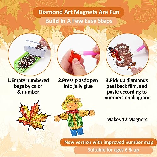 Whaline 12Pcs Fall Diamond Painting Magnets Set Pumpkin Maple Leaves Turkey Gnome Fridge Magnet Diamond Painting Kits for Autumn Holiday Thanksgiving Home Office School Kitchen Locker Decor