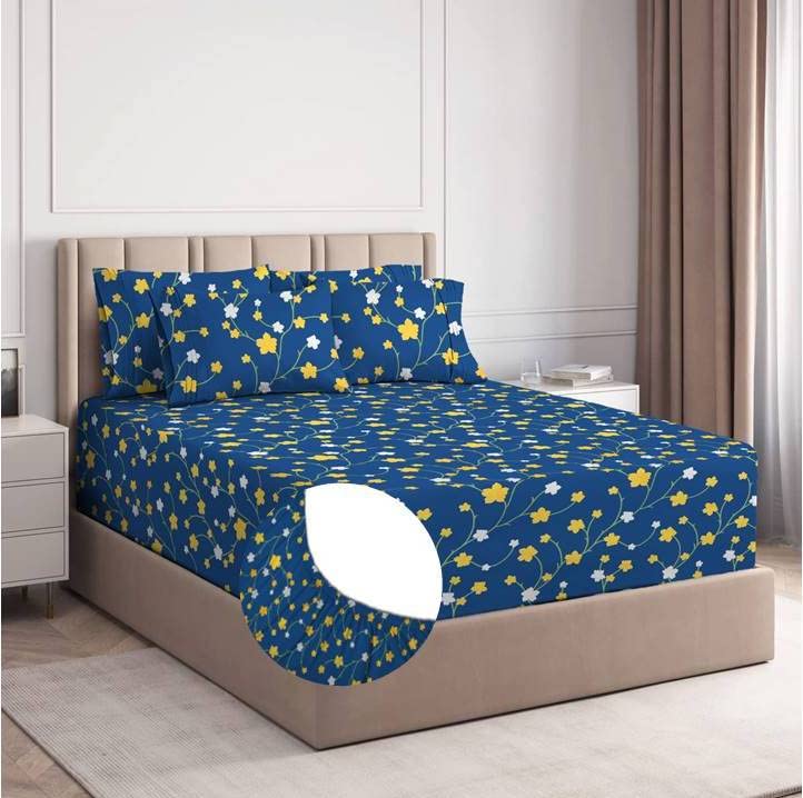 BSB HOME Premium Cotton Elastic Fitted Bedsheets with 2 King Size Pillow Covers | Double Bed with All Around Elastic 180 TC Supersoft | Sizex78+10 inches | Blue & Yellow Leaf