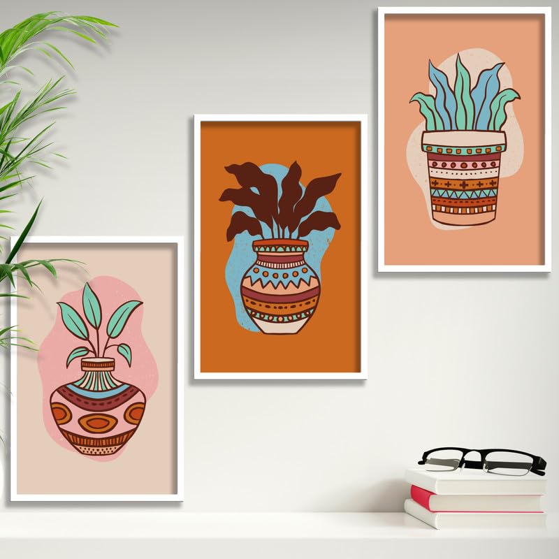 SAF paintings Set of 3 flower pot Boho modern art design Premium white Framed Bohemian wall painting for for Wall, Home and Living Room Decoration 80 cms x 34.29 cms COMBO-2006-K3