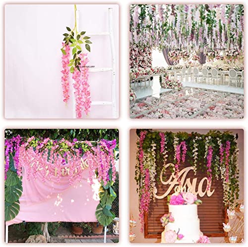 WELL ART GALLERY 6 Pack 3.75 Feet/Piece Artificial Fake Wisteria Vine Ratta Hanging Garland Silk Flowers String Home Party Wedding Decor (6PCS- Large Wisteria) (Pink, 12)