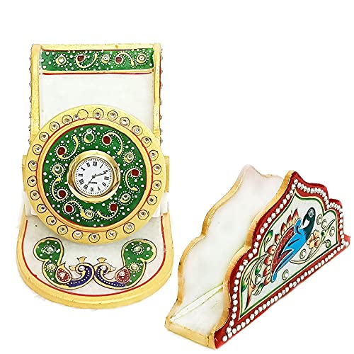 Handicraft Kingdom White Marble Mobile Holder Organizer for Home & Office Tv | Phone Stand with Inbuilt Small Clock & Card Organizer for Girls & Boys | Approx Size (4.5 Inch) & Wt (900 Gm) Pack of 2