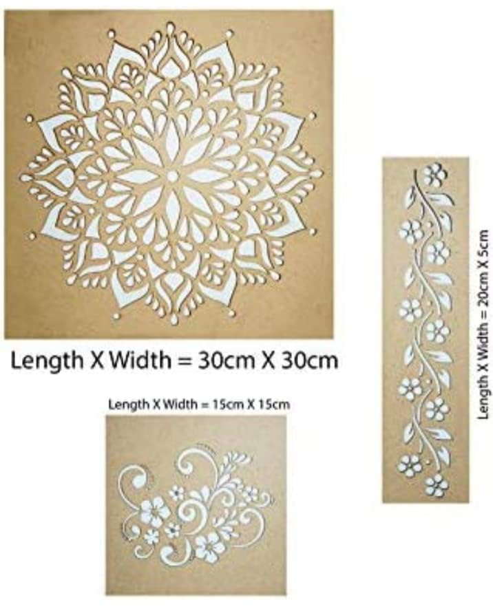 Printfry 3mm MDF Pine Big Rangoli Stencil kit for Diwali or Many Other Festivals DIY (Set of 3pcs)