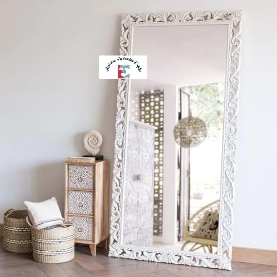 Artistic Interior Crafts Wooden Carved Wall Mirror Frame Solid Wood, Distress Finish | with Out Mirror | Size 6 * 3 ft (Antique Gold) (White Distress, Rectangular, Frame)