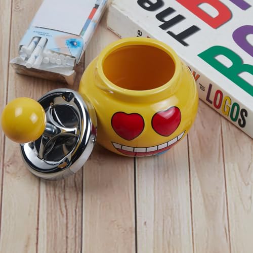 Smokeless Ceramic Push Down Ashtray for Cigarettes Cigars with Spinning Tray Lid Modern Home Decor Tabletop Ash Tray for Smokers, Round, Yellow Smiley (11380)