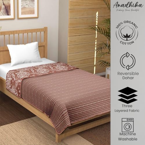 Anadhika 100% Cotton Reversible Dohar Single Bed AC Blanket for Summer Winter Travelling Light Weight Soft Blanket 60"x90" -Miniature Brown